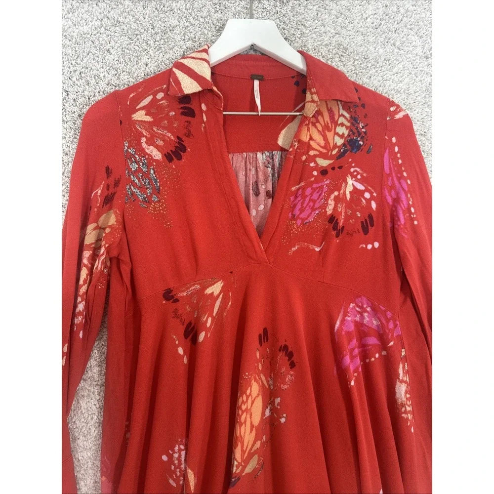 Free‎ People XS Field of Butterflies Red Tunic Mini Dress/Blouse